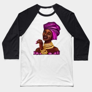 Queen wink side eye Black is beautiful black girl with Gold bangles, neck ring necklace, purple dress and head wrap, brown eyes and dark brown skin ! Baseball T-Shirt